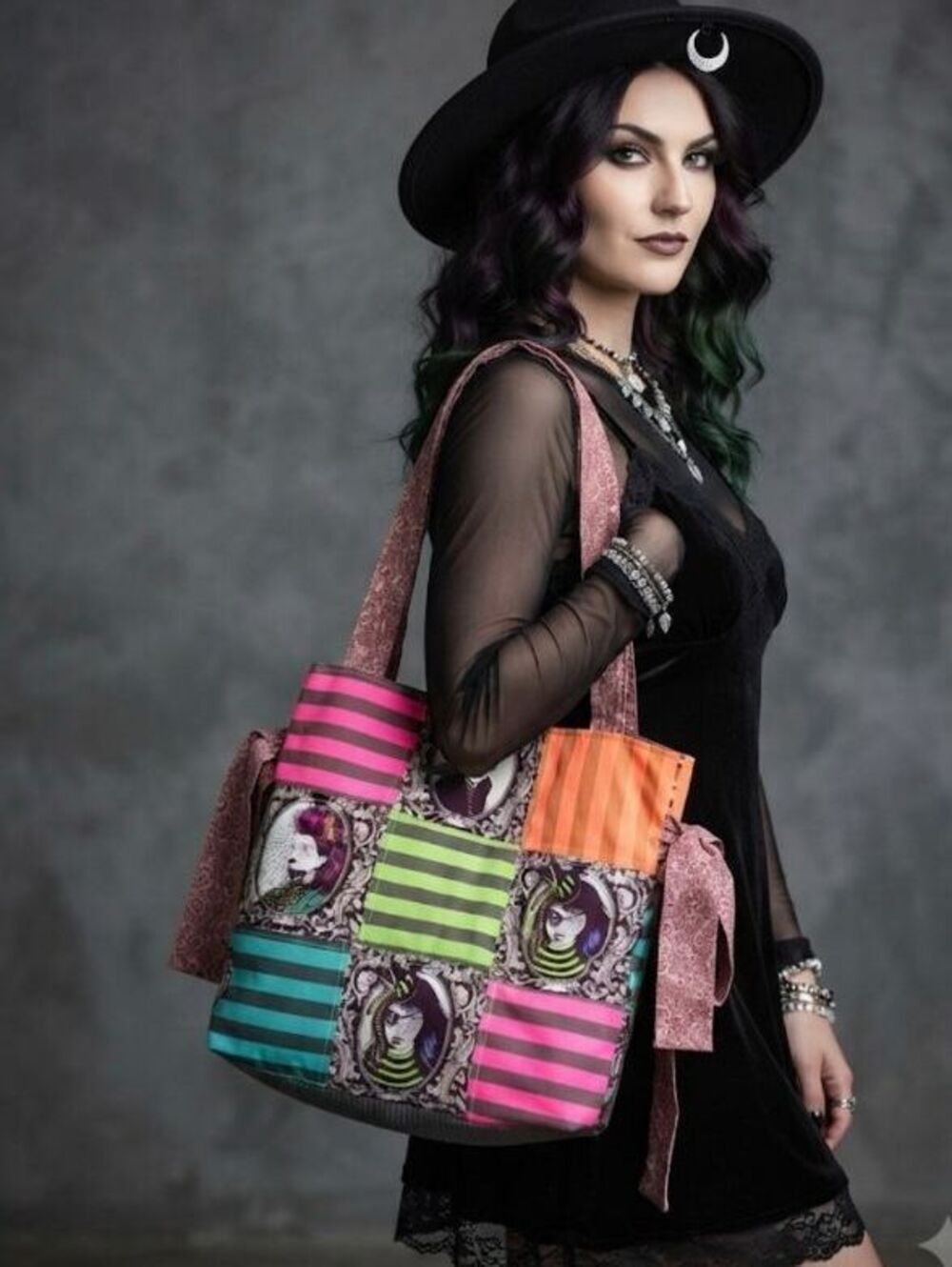 colorful witch in Tula pink fabric Quilted Bow Tote Bag Handcrafted Handbag
